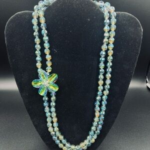Elegant Blue/Green Crystal Bead Double Strand Necklace with Floral Accent.